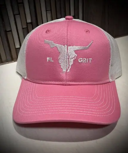 Hat - Embroidered - Gray with Pink - Ponytail Hole